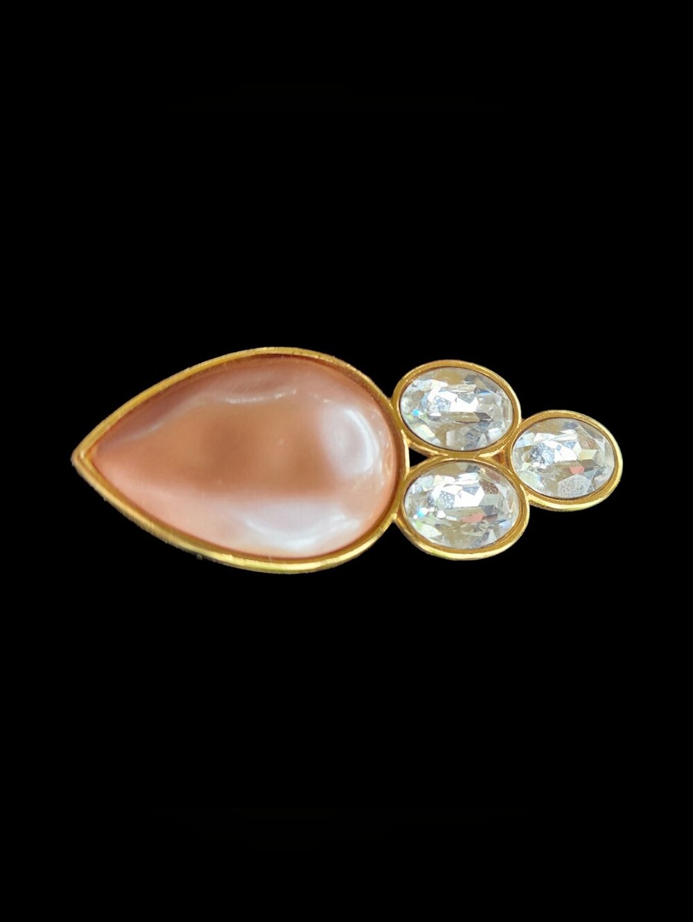 🔥YSL Gold-Tone Brooch with Pink/Tan Grooved Teardrop & Three Clear Crystals